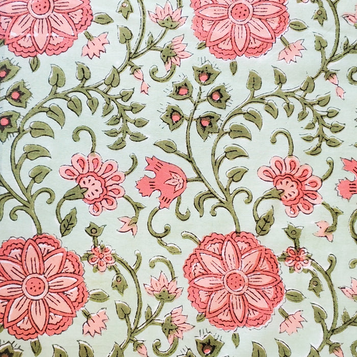 Block Printed Indian Cambric Cotton - Coral Floral on Mint