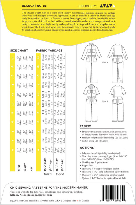 Closet Core Blanca Flight Suit / Boiler Suit Pattern
