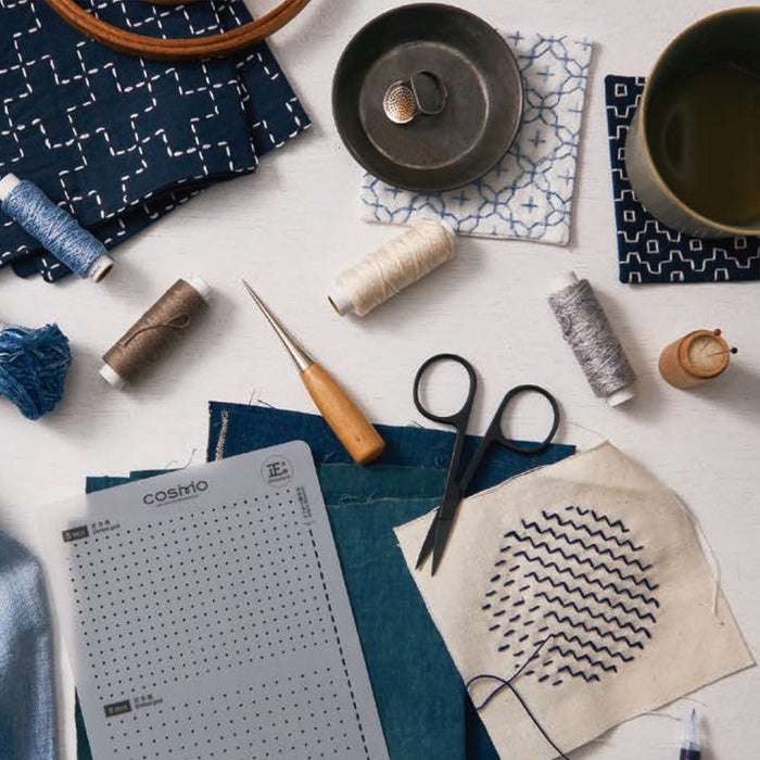 Sashiko template set with fabric, thread, and tools on a white background