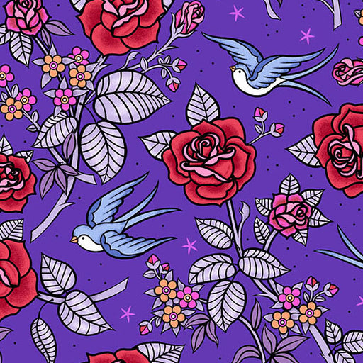 Floral pattern with red roses, blue birds, and colorful flowers on a purple background
