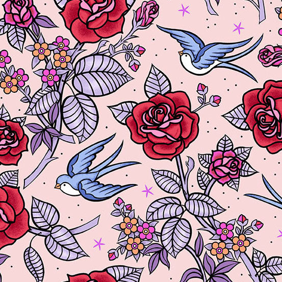 Pattern of red roses, blue birds, and colorful flowers on a pink background