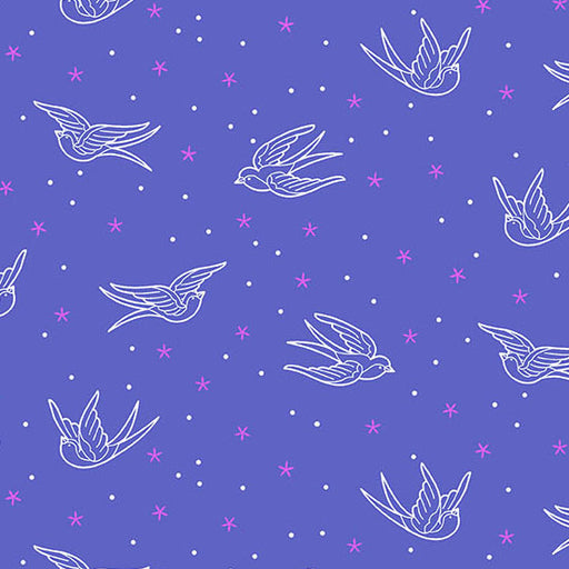 Pattern of white birds and pink stars on a blue background