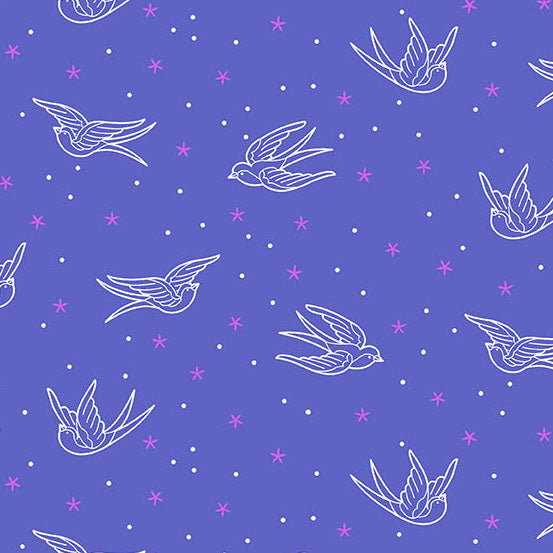 Pattern of white birds and pink stars on a blue background
