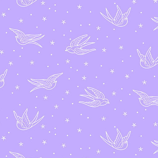 Pattern of white birds and stars on a purple background