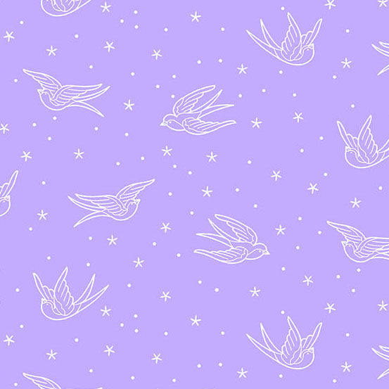 Pattern of white birds and stars on a purple background