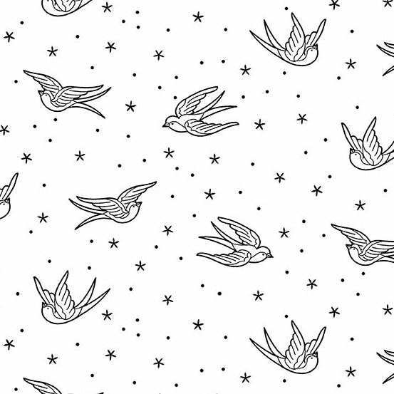 Pattern of black birds and stars on a white background