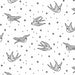 Pattern of black birds and stars on a white background