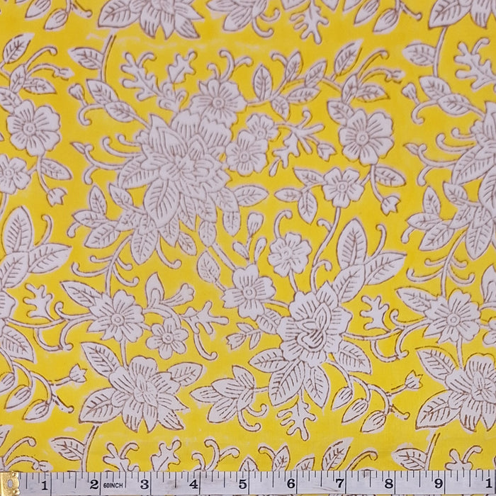 Indian Cotton 2025 - Jaipur Block Printed Cotton - White floral on Bright Yellow