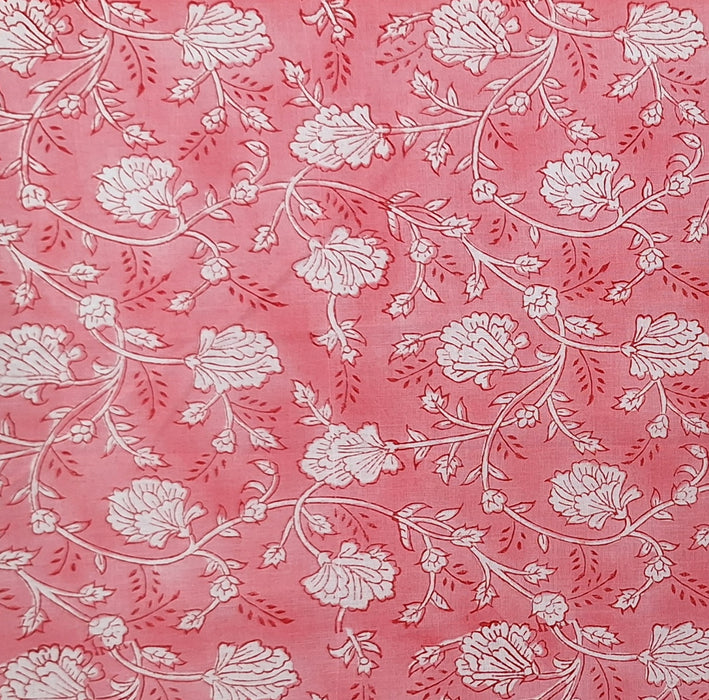 Indian Cotton 2025 - Jaipur Block Printed Cotton - White floral on Coral Pink