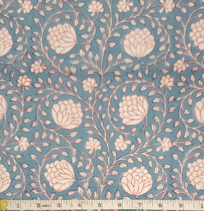 Indian Cotton 2025 - Jaipur Block Printed Cotton - White Flowering Vine on Delft Blue