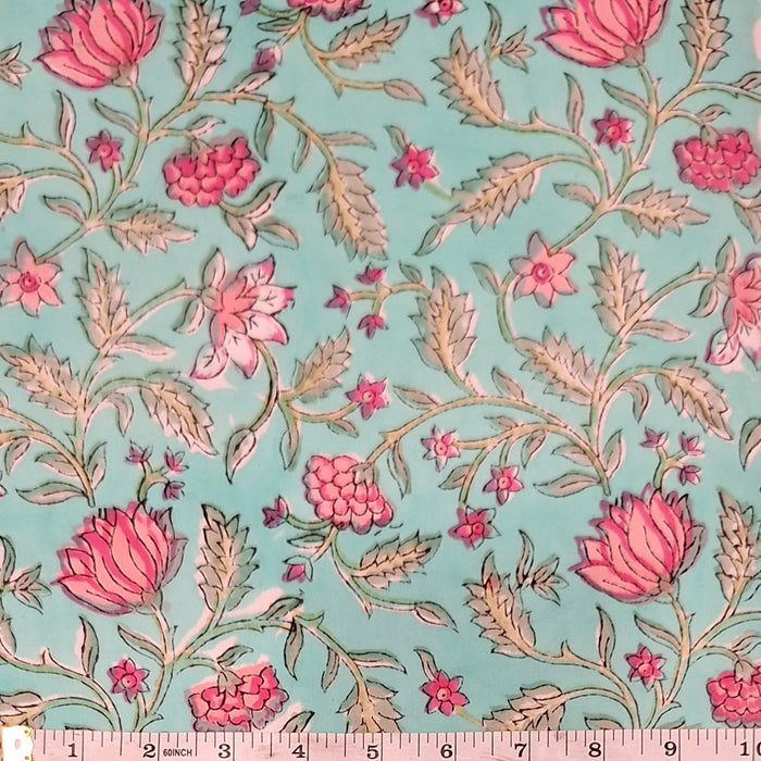 Indian Cotton 2025 - Jaipur Block Printed Cotton - Pink Roses on Turquoise