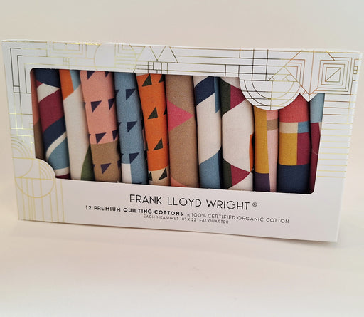 Packaged fabric strips with geometric patterns in a Frank Lloyd Wright design on a white background