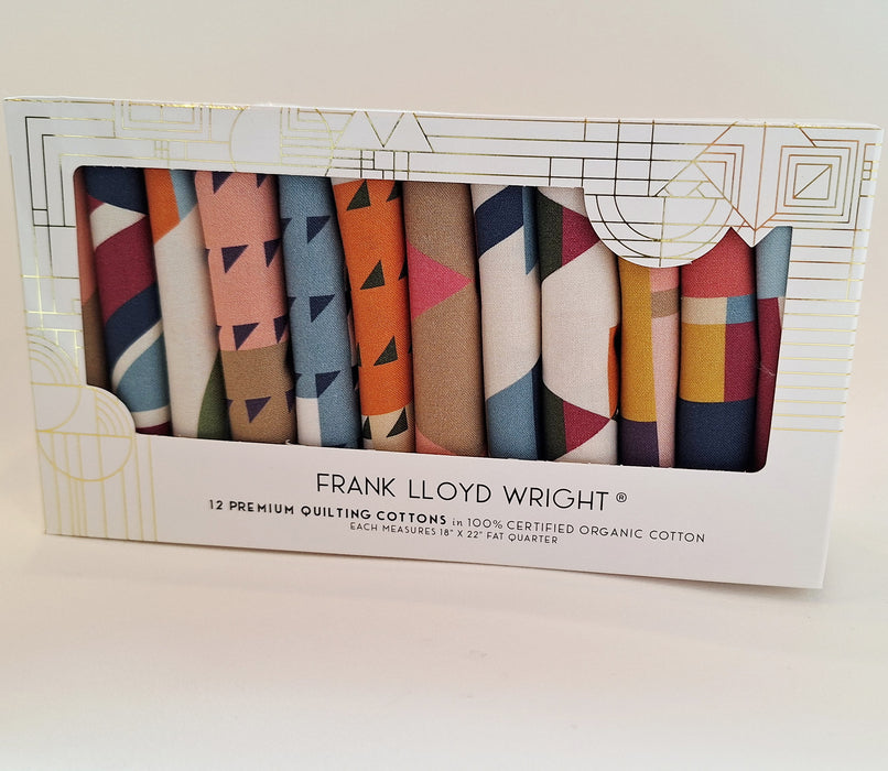 Packaged fabric strips with geometric patterns in a Frank Lloyd Wright design on a white background