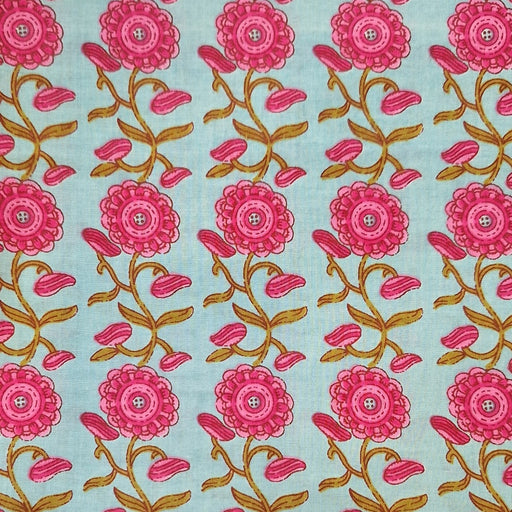 Pattern of pink flowers with green stems on a light blue background