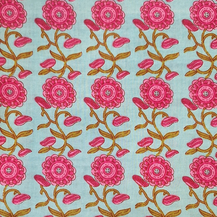 Pattern of pink flowers with green stems on a light blue background