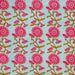 Pattern of pink flowers with green stems on a light blue background