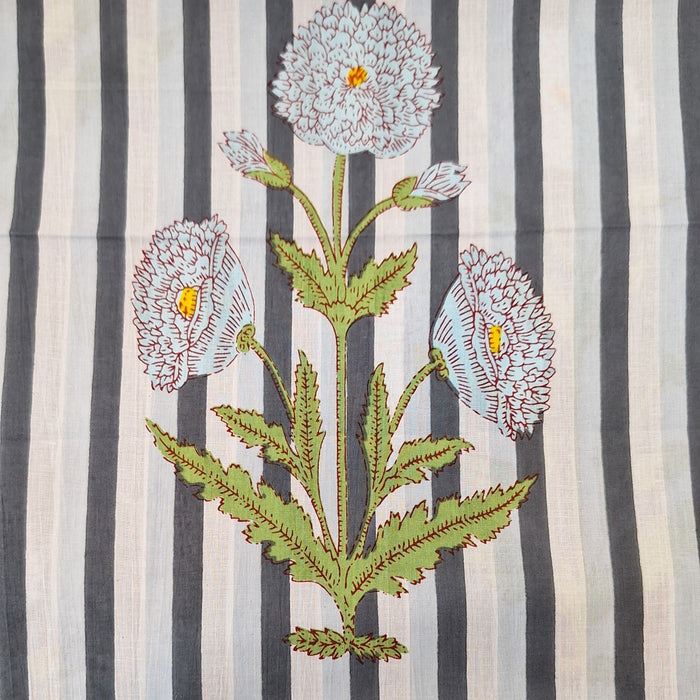 Indian Cotton 2026 - Jaipur Screen Printed Cotton Cambric - White Carnations on Striped Background
