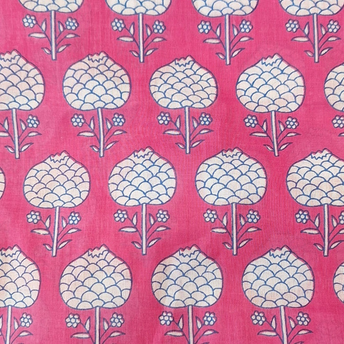 Patterned fabric with white floral design on a pink background