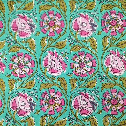 Patterned fabric with pink flowers and green leaves on a teal background