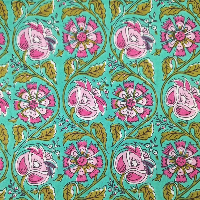 Patterned fabric with pink flowers and green leaves on a teal background