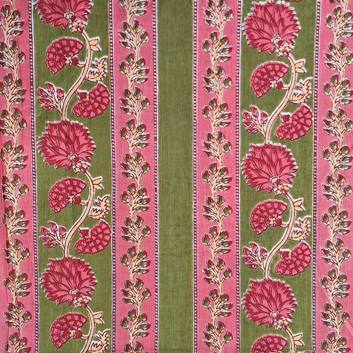 Indian Cotton 2026 - Jaipur Screen Printed Cotton Cambric - Floral Vine and Stripe on Avocado