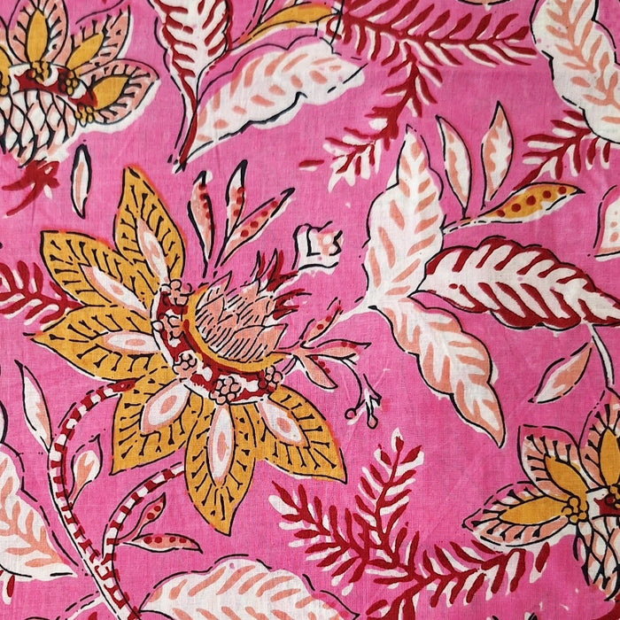 Title
Indian Cotton 2026 - Jaipur Screen Printed Cotton Cambric - Mustard and Red Flowers and foliage on bright pink
