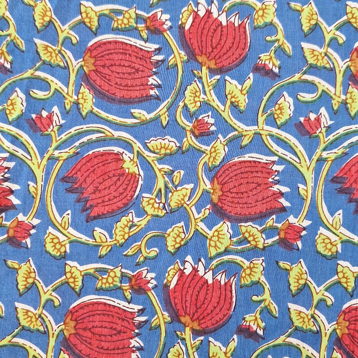 Indian Cotton 2026 - Jaipur Screen Printed Cotton Cambric - Red floral vine on cobalt background