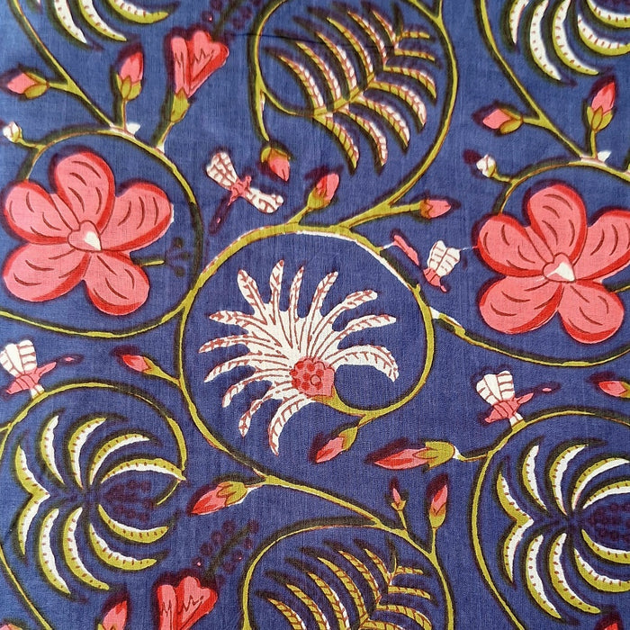 Indian Cotton 2026 - Jaipur Screen Printed Cotton Cambric - Pink curly vine on dark blue