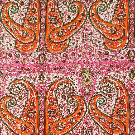 Patterned fabric with orange and green paisley design on a pink background