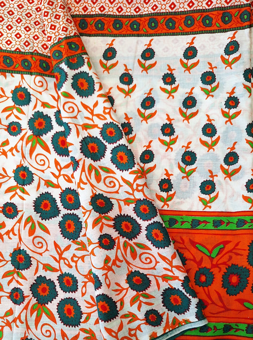 Indian Cotton 2026 - Jaipur Screen Printed Cotton Cambric - Orange and Green Border Print