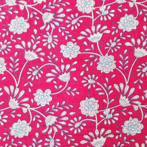 Indian Cotton 2026 - Jaipur Screen Printed Cotton Cambric - White and blue floral on bright pink