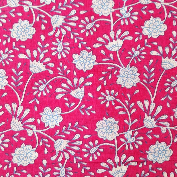 Indian Cotton 2026 - Jaipur Screen Printed Cotton Cambric - White and blue floral on bright pink