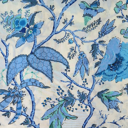 Blue floral and bird pattern on a beige background