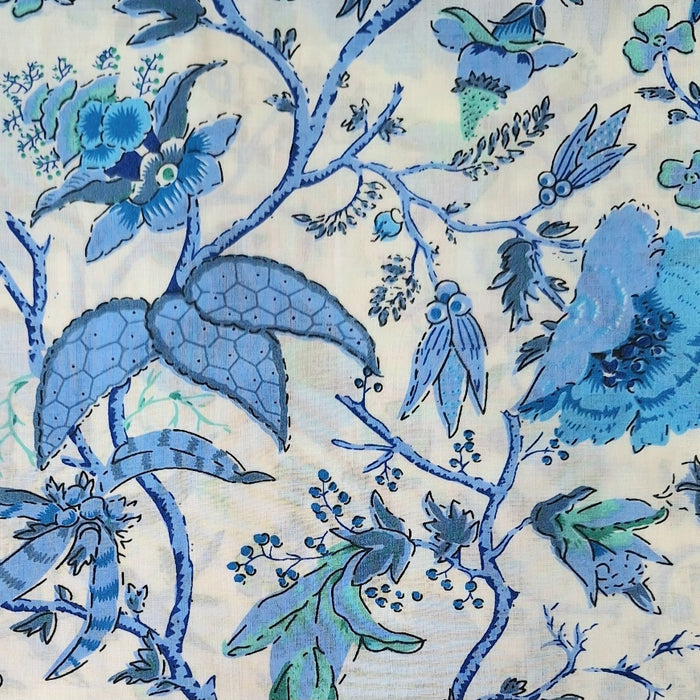 Blue floral and bird pattern on a beige background