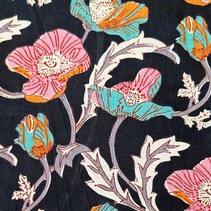 Indian Cotton 2026 - "Modern" Screen Printed Cotton Cambric - Pink and Teal Poppies on Black