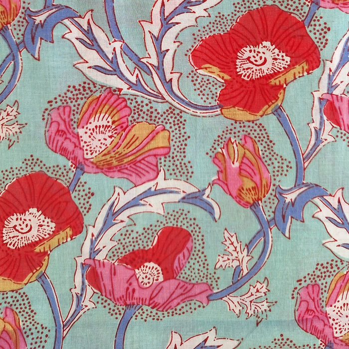 Floral pattern with red and pink flowers on a teal background