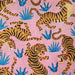Pattern of tigers and blue plants on a pink background