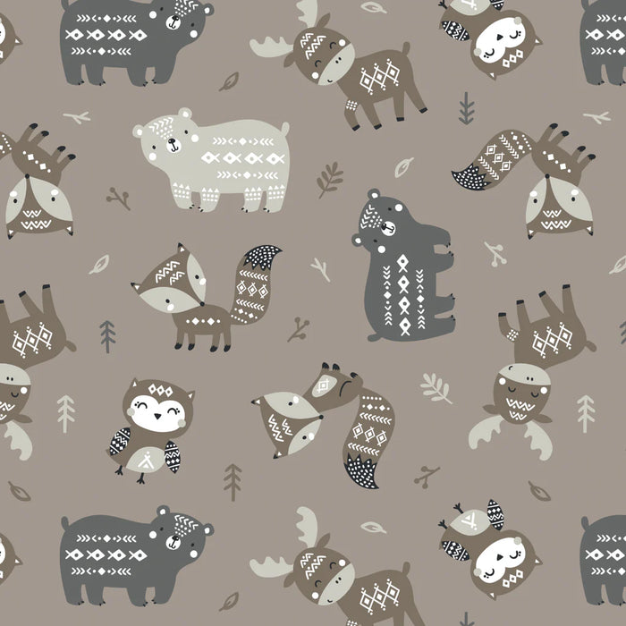 Pattern of stylized animals with tribal designs on a brown background