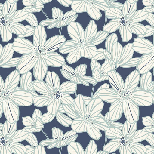 Pattern of light blue flowers on a dark blue background