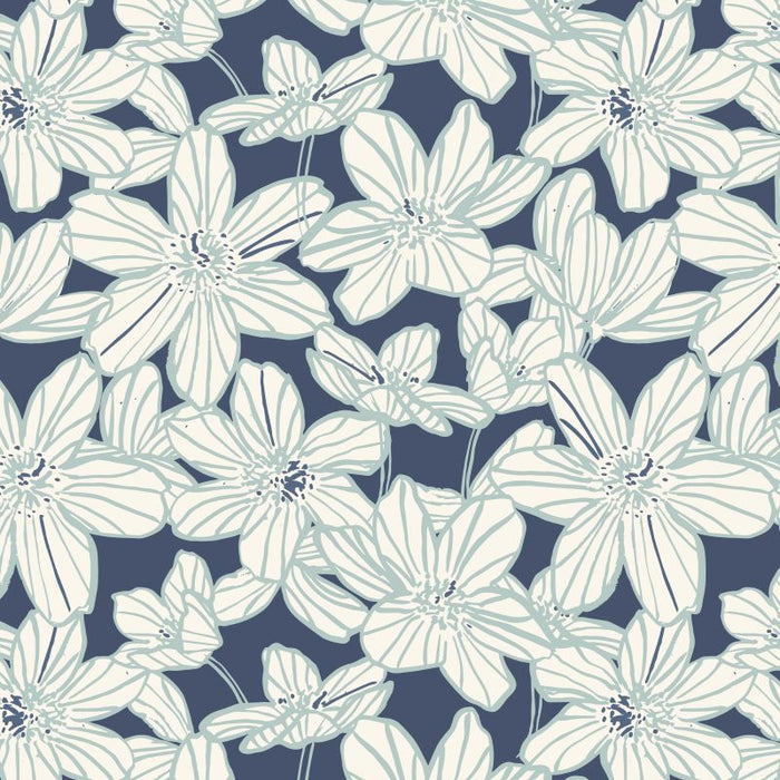 Pattern of light blue flowers on a dark blue background