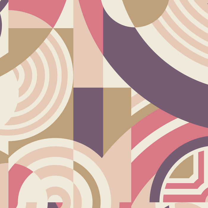 Geometric pattern with circular and rectangular shapes in pink, purple, and beige.