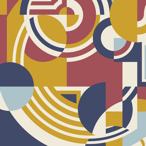 Geometric pattern with circles and shapes in red, yellow, blue, and white.