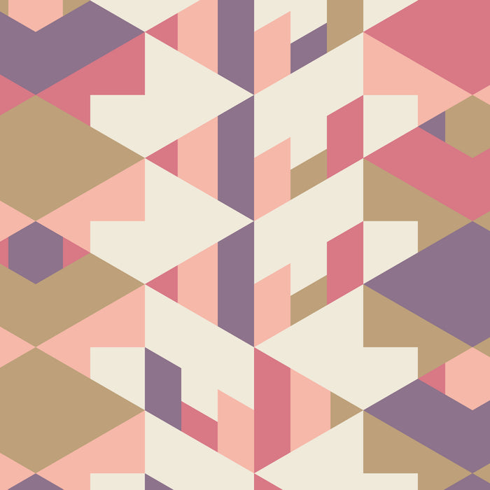 Geometric pattern with triangles in pink, purple, and gold on a beige background