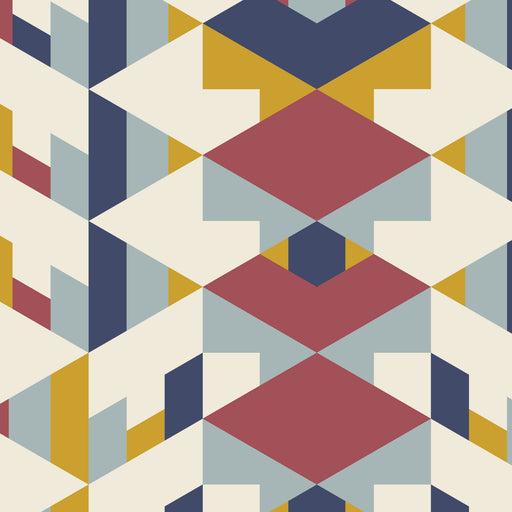 Geometric pattern with maroon, blue, and yellow shapes on a beige background