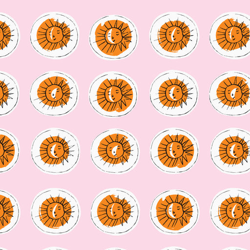 Pattern of orange sun illustrations with faces on a pink background