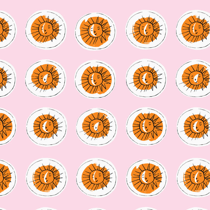 Pattern of orange sun illustrations with faces on a pink background