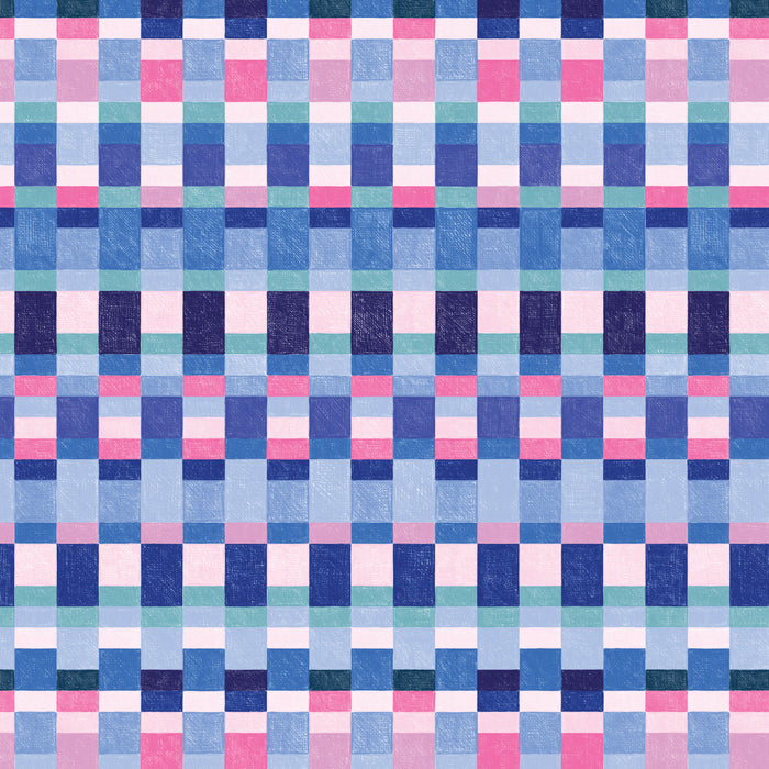 Checkered pattern with blue, pink, and teal squares