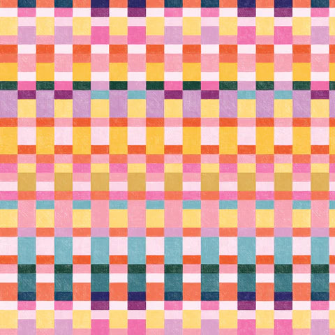 A seamless geometric pattern featuring a grid of colorful square tiles in shades of pink, yellow, orange, purple, teal, and green.