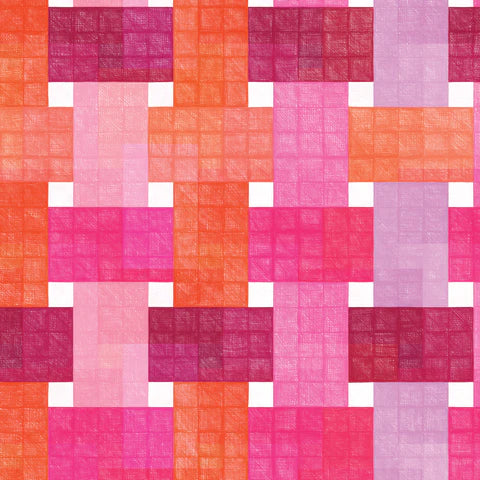 A repeating geometric pattern of textured square tiles in shades of pink, orange, coral, and magenta, separated by thin white lines.