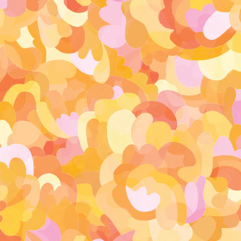 A seamless abstract pattern of overlapping organic shapes in warm tones, including yellow, orange, peach, and soft pink, filling the entire frame.